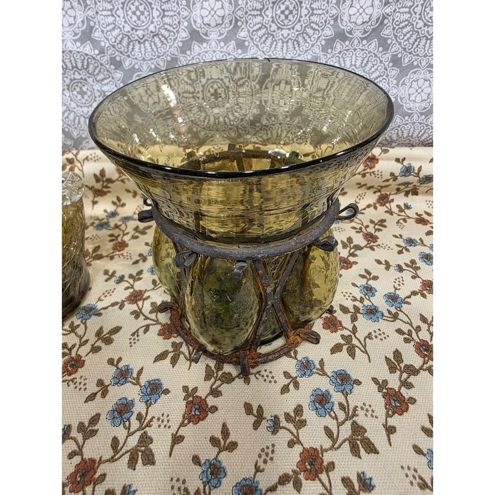 Vintage Crackle Glass Vases Olive Brown Pitcher with Caged‎ Glass Stand Boho Set